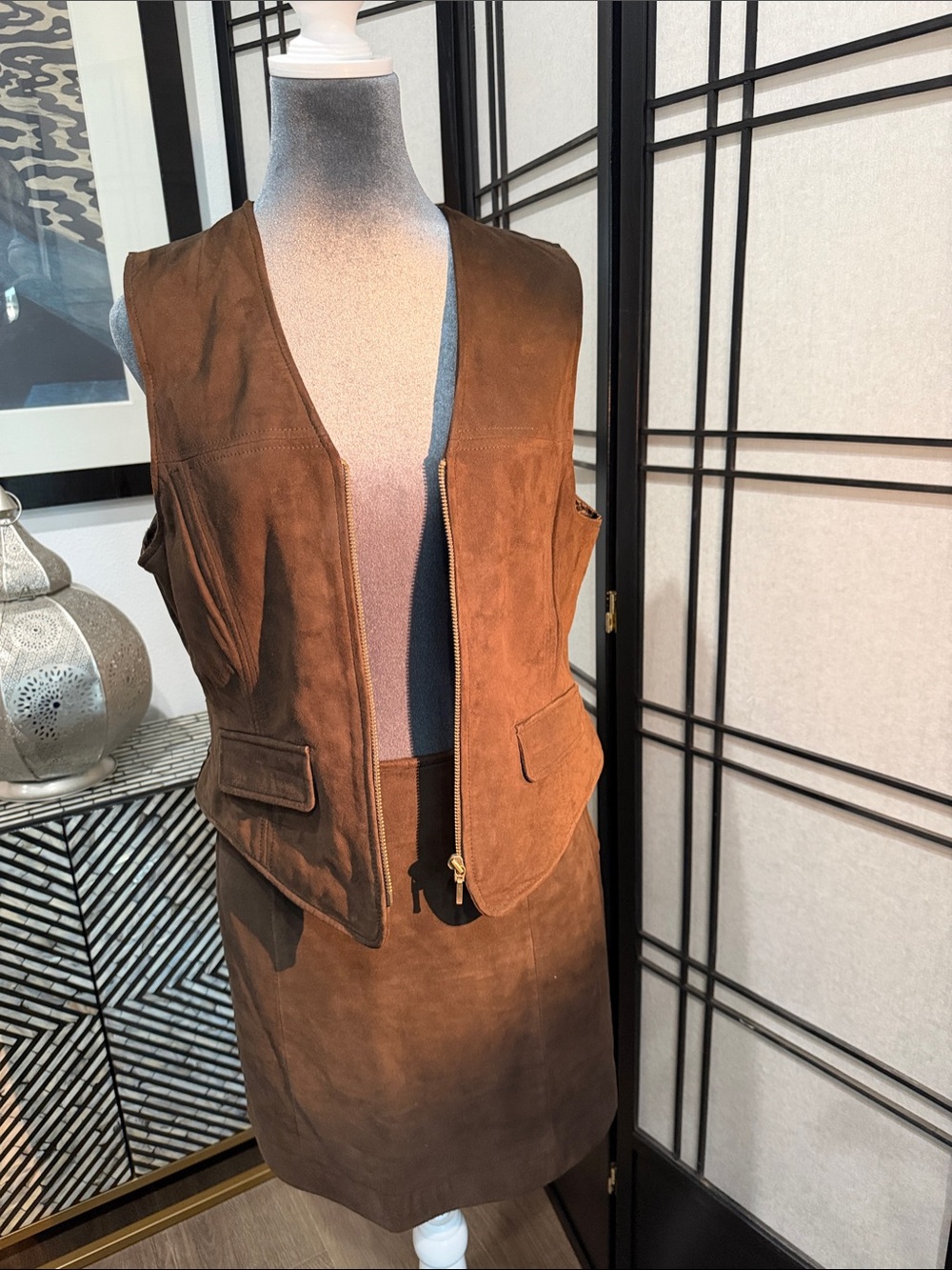 Soft Brown Suede Vest & Skirt Set